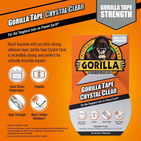 Gorilla Tape Crystal Clear package with features and benefits for strong adhesive, waterproof repairs, and outdoor use.
