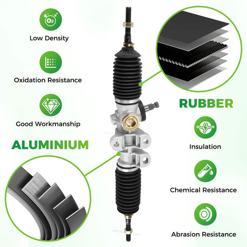 EZGO RXV Steering Rack Assembly For 2008-Up Golf Cart Gas Or Electric, highlighting aluminum and rubber materials