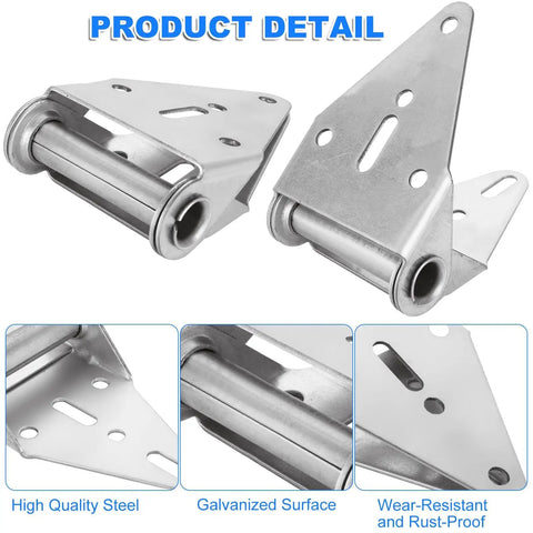 Two Pack Heavy Duty Garage Door Hinges For Variants 1 2 And 3 14 Gauge Galvanized Steel Replacement Parts, front and side view