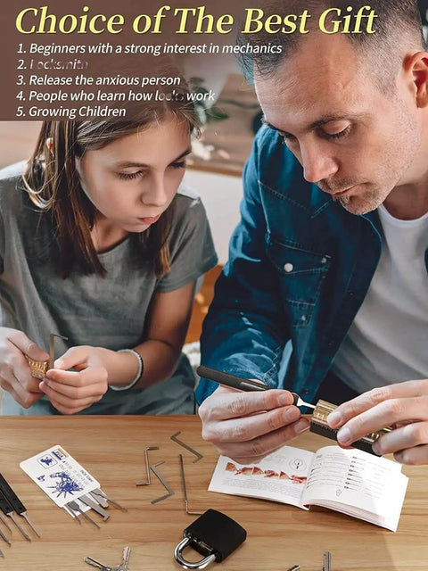 Father and daughter using Mechanical Learning Kit With Transparent Demonstration Model And Precision Metal Tools on table.