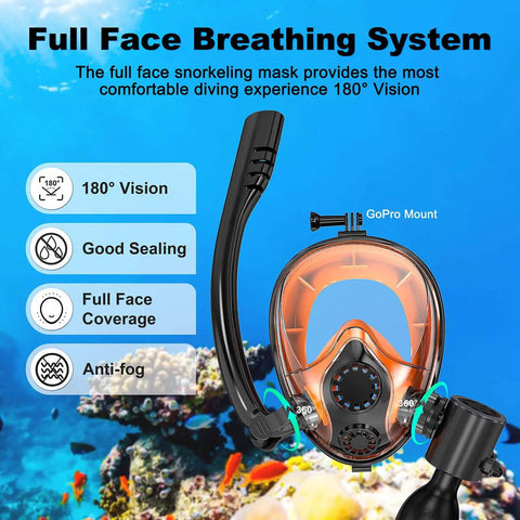 Full-face snorkel mask with features, part of Mini Scuba Tank With Snorkel Mask And Hand Pump For Quick Grab And Go Underwater Breathing.