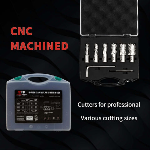 Six-piece annular cutter set with Weldon 3/4 in shanks and 1 in cutting depth, 1/2 in - 1-1/16 in OD in a black S&F Stead & Fast case.
