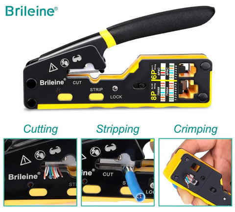 Close-up of RJ45 Pass Through Crimp Tool Kit For Ethernet Cable Cat5 Cat5e Cat6 And 6A Handles RJ11 RJ12 6P 8P with Built In Cable Tester