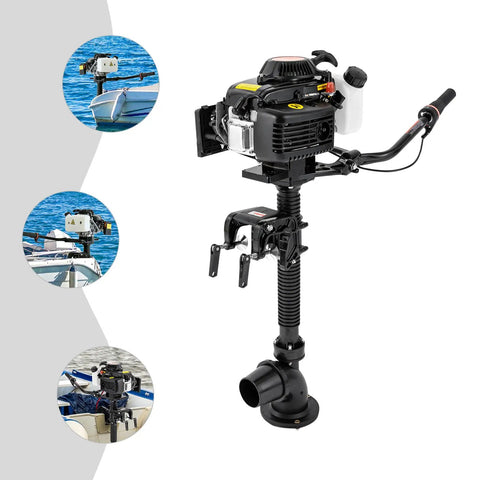 Beefy 4HP Gas Outboard Motor 55cc 4-Stroke with air cooling for inflatable boats, shown with manual pull start and variable speed features