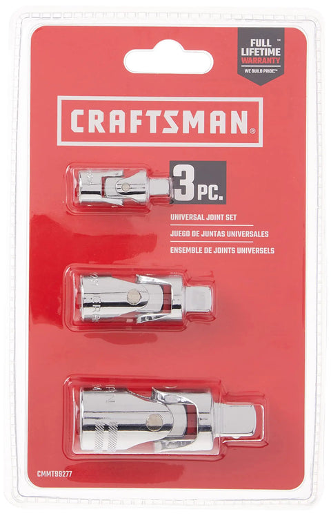 Universal Joint Socket Set 3 Piece With Chrome Finish, Corrosion Resistant, Meets ASME Standards, Packaged Front View