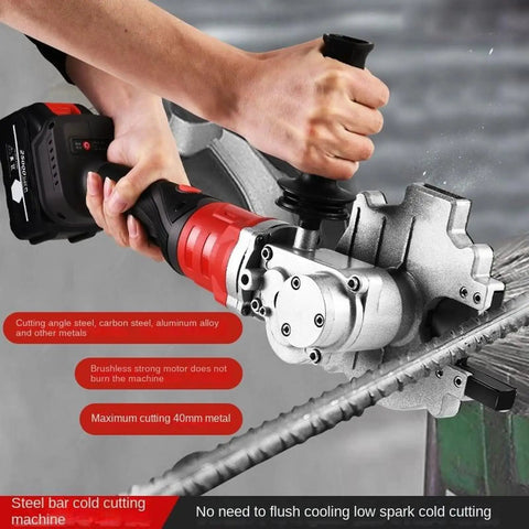 Heavy Duty Cordless Rebar Cutter 1380W With 2 Batteries, 180 Degree Rotating Head For Steel Metal Rods in use, cutting rebar.