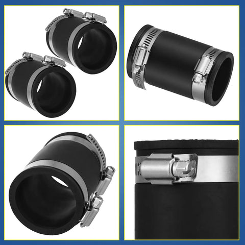 2 Pack Flexible TPE Couplings With Stainless Steel Clamps For Plastic And Copper Plumbing, 1 Inch Black, four product views.