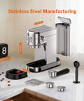 Heavy Duty 20 Bar Espresso Machine Boasts Pro Steam Frother And Brushed Stainless Body Includes 40 Oz Quick Fill Tank dimensions on kitchen counter.
