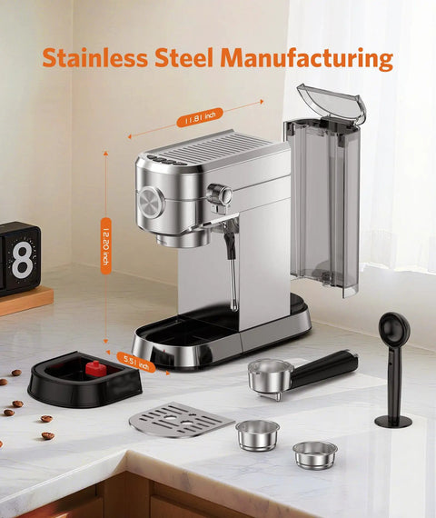 Heavy Duty 20 Bar Espresso Machine Boasts Pro Steam Frother And Brushed Stainless Body Includes 40 Oz Quick Fill Tank dimensions on kitchen counter.