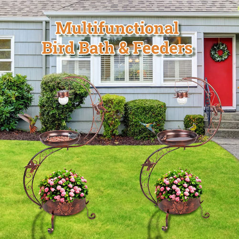 Outdoor Metal Standing Bird Bath With Solar Lamp Vintage Style Garden Birdbath Pedestal With Flower Planter 36 Inches Tall