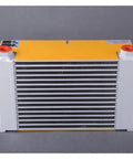 Front view of Beefy Aluminum Hydraulic Air Cooler With Motor For Oil Cooling, DC24V, heavy-duty aluminum body, yellow and silver color.