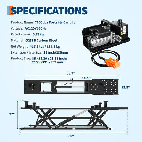 Beefy 7000 Lbs Portable Car Lift for Trucks, SUVs, and Sedans, Heavy Duty Scissor Lift Jack With Safety Lock specifications