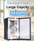 Solid 3.2 Cu Ft Upright Mini Freezer With No Stress Adjustable Thermostat And Removable Shelves For Dorm Office Kitchen Or Bedroom Smooth Chill Stash Setup In Fresh Silver displaying interior storage with frozen items.