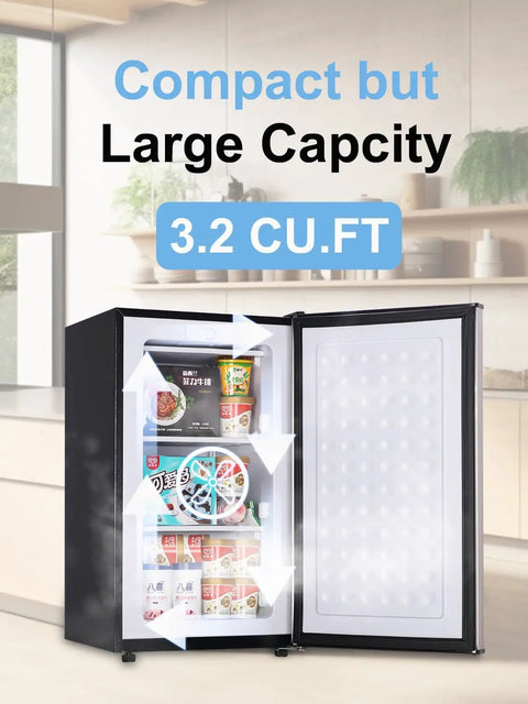 Solid 3.2 Cu Ft Upright Mini Freezer With No Stress Adjustable Thermostat And Removable Shelves For Dorm Office Kitchen Or Bedroom Smooth Chill Stash Setup In Fresh Silver displaying interior storage with frozen items.