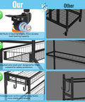 Comparison of Heavy Duty Sports Equipment Garage Organizer With Ball Storage Rack Basket Hooks And Rolling Cart For Sports Gear And Toy Storage Indoor Outdoor Use Black vs. other organizers, highlighting wheels, mesh wire, hooks, and materials.