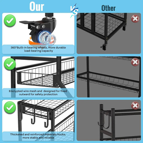 Comparison of Heavy Duty Sports Equipment Garage Organizer With Ball Storage Rack Basket Hooks And Rolling Cart For Sports Gear And Toy Storage Indoor Outdoor Use Black vs. other organizers, highlighting wheels, mesh wire, hooks, and materials.