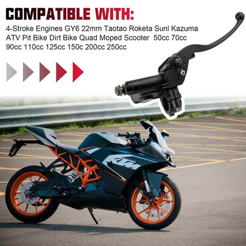 Left Hand Hydraulic Brake Master Cylinder Lever Pump For ATV Dirt Bike Quad And Moped Fits 50Cc 70Cc 90Cc 110Cc 125Cc 150Cc 200Cc 250Cc 4 Stroke GY6 Engines Universal Fit For Taotao Roketa Sunl Kazuma Hensim Jonway Znen shown above a sport motorcycle.