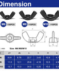 Dimensions for 50 Piece M6 M8 M10 Wing Nuts Assortment Kit - Zinc Plated Black Finish shown in a diagram
