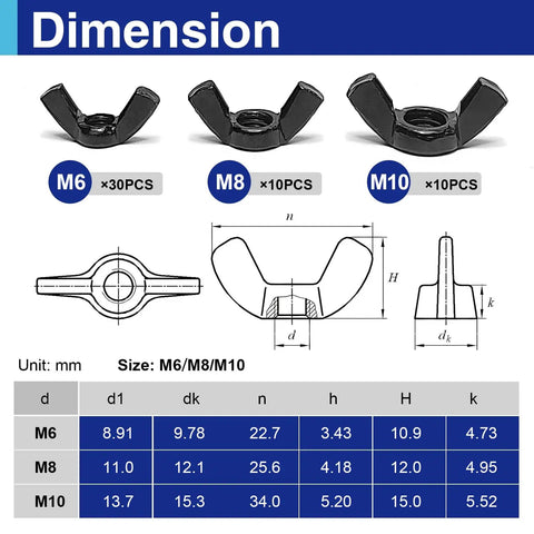 Dimensions for 50 Piece M6 M8 M10 Wing Nuts Assortment Kit - Zinc Plated Black Finish shown in a diagram