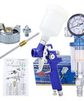 Badass Performance HVLP Mini Paint Spray Gun With Integrated Pressure Regulator And 125 Ml Gravity Cup featuring nozzles, hose, and manual.