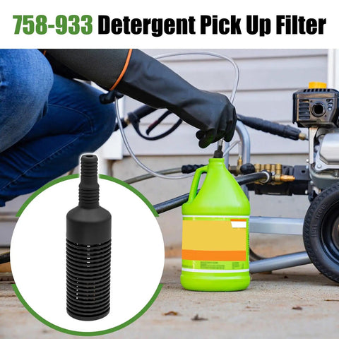 Pressure Washer Detergent Filter Replacement For One Quarter Inch And Three Eighth Inch Soap Injection Hoses next to washer.