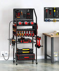 All In One Power Tool Organizer Cart With Charging Station And Wheels For Garage Ready Heavy Duty Tool Storage With Pegboard Hooks 24 Large Drill Racks And 8 Outlets For Easy Charging And On The Go Mobility, displayed in a garage setting.