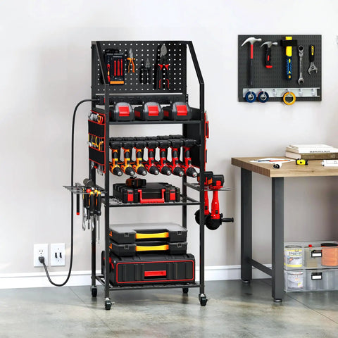 All In One Power Tool Organizer Cart With Charging Station And Wheels For Garage Ready Heavy Duty Tool Storage With Pegboard Hooks 24 Large Drill Racks And 8 Outlets For Easy Charging And On The Go Mobility, displayed in a garage setting.