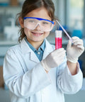 Child wearing Kids Scientist Costume Lab Coat With Goggles Glasses ID Card And Gloves For Pretend Play Hands On Science Projects Career Day And Halloween Dress Up For Boys And Girls XL Size, holding a test tube and pipette in a lab setting.