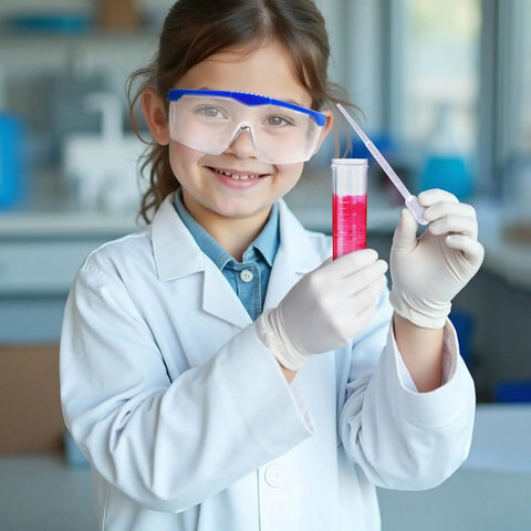 Child wearing Kids Scientist Costume Lab Coat With Goggles Glasses ID Card And Gloves For Pretend Play Hands On Science Projects Career Day And Halloween Dress Up For Boys And Girls XL Size, holding a test tube and pipette in a lab setting.
