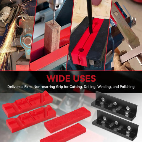 Top Shelf 4.5 Inch Magnetic Soft Jaws For Bench Vise Featuring Universal Non Slip Grip Pads used for cutting, drilling, welding, and polishing.