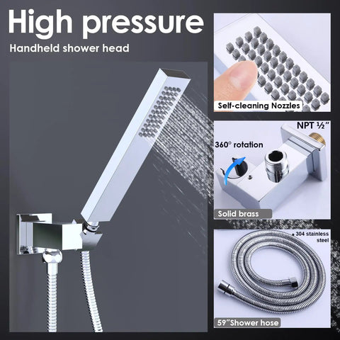 Square Solid Brass Handheld Shower Head With Wall Connector And 1.5M Stainless Steel Hose Chrome Finish 44 Jet Anti Clogging Silicone Jets For Thick Hair Pro Grade Durable Brass Body Beefy High Pressure Shower Set