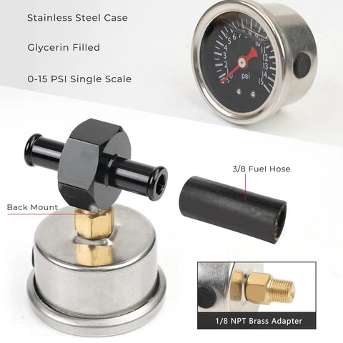 Dial In Your Street Build With This Universal Fuel Pressure Regulator featuring 0-15 PSI gauge and stainless steel case.