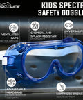 Badass Kids Safety Goggles With Ultra Clear Anti Fog Lenses And Impact Resistant Frame For Science Lab And Woodworking Crafts Comes In A Sweet 144 Bulk Case Pack, showing ventilated design and adjustable features.