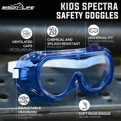Badass Kids Safety Goggles With Ultra Clear Anti Fog Lenses And Impact Resistant Frame For Science Lab And Woodworking Crafts Comes In A Sweet 144 Bulk Case Pack, showing ventilated design and adjustable features.