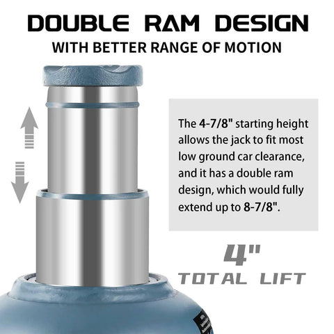 Low Pro 10 Ton Double Ram Bottle Jack For Low Clearance Lifts From Four And Seven Eighths Inches To Eight And Seven Eighths Inches, Compact Welded Hydraulic Jack With Shorty Stature And Solid Stable Build