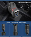 Ride Ready Dual Type C Car Charger Splitter with LED voltmeter, showing real-time voltage and multiple USB ports.