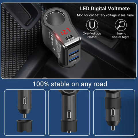 Ride Ready Dual Type C Car Charger Splitter with LED voltmeter, showing real-time voltage and multiple USB ports.