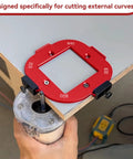 Game Changer Radius Jig Router Templates Paired With Dual Precision Trimming Cutters For No Sweat Woodworking Corners And Smooth Table Edges Heavy Duty Aluminum Alloy Template Kit mounted on a router.