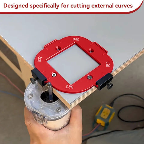 Game Changer Radius Jig Router Templates Paired With Dual Precision Trimming Cutters For No Sweat Woodworking Corners And Smooth Table Edges Heavy Duty Aluminum Alloy Template Kit mounted on a router.