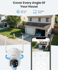 Solar Powered Outdoor Security Camera, Wireless, 3MP Pan Tilt 360 Degree WiFi Cam With Color Night Vision, shown near a house