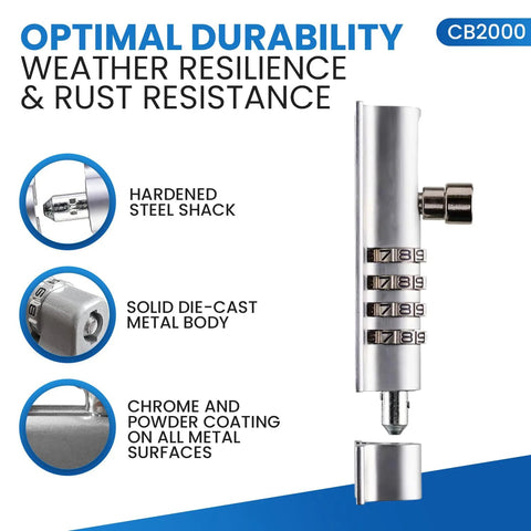 CB2000-CHR Sliding Lock Combination Bolt With Keyless Security, Chrome Finish, 4-Dial Mechanism for Outdoor Gates, Front View
