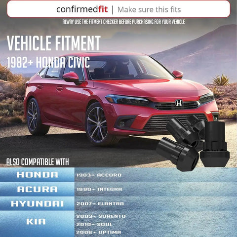 Heavy Duty M12x1.5 Closed End Bulge Lug Lock Nuts with Honda Civic compatibility shown next to a red car