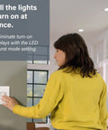Person using Premium Magnesium Paddle Dimmer installed on wall, designed for Flicker Free Led Compatibility For Residential Wiring.