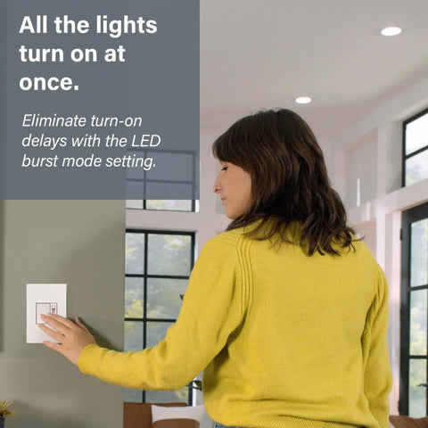 Person using Premium Magnesium Paddle Dimmer installed on wall, designed for Flicker Free Led Compatibility For Residential Wiring.