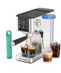 Semi Automatic Espresso Machine With 20 Bar Pressure And Built In Activated Carbon Water Filter Cutting Chlorine For A Crystal Clear Flavor Kick Daily Morning Fuel Compact countertop setup making espresso and coffee drinks.