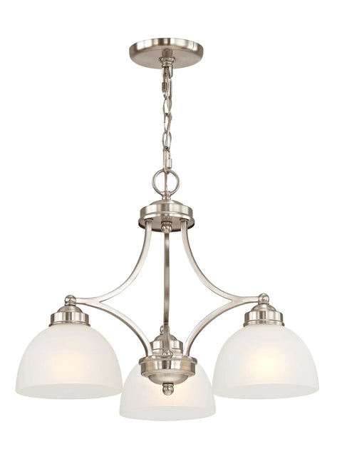 Sleek Silver Transitional Chandelier For Dining Rooms And Living Areas, Steel Construction, Brushed Nickel with Satin Glass