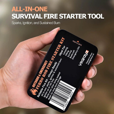 Hand holding compact tin of Ferro Rod Fire Starter Survival Tool All In One Flint And Steel Kit Waterproof No Fuss Get Your Fire Going Fast For Camping Hunting Bushcraft Hiking And Emergency Prep Compact Palm Sized Tin Sparks And Long Lasting Flame.