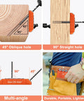 Heavy Duty Aluminum Drill Guide Jig With 30 45 90 Degree Angles Four Size Options Includes 6 Inch F Clamp For Angled And Straight Holes DIY Friendly Portable Cable Railing Drilling Template For Deck Stair And Handrail Projects showing various drilling angles and portable use