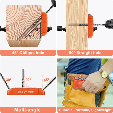 Heavy Duty Aluminum Drill Guide Jig With 30 45 90 Degree Angles Four Size Options Includes 6 Inch F Clamp For Angled And Straight Holes DIY Friendly Portable Cable Railing Drilling Template For Deck Stair And Handrail Projects showing various drilling angles and portable use