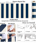 Dope Navy Blue And Cream Vertical Stripe Peel And Stick Wallpaper Roll Premium Thick Removable Vinyl Wall Covering showing pattern size and installation guide.